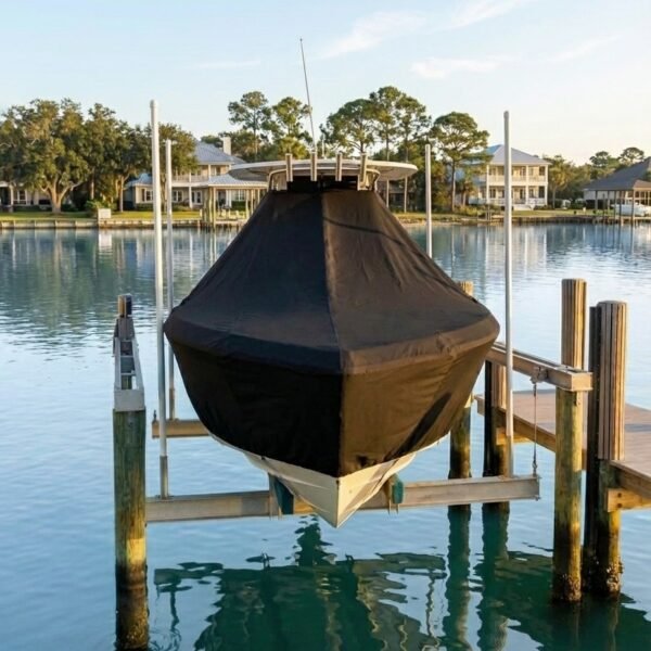 NauticStar 251 Hybrid T-Top boat cover in Black Sunbrella fabric on dock lift at Bay St. Louis, MS