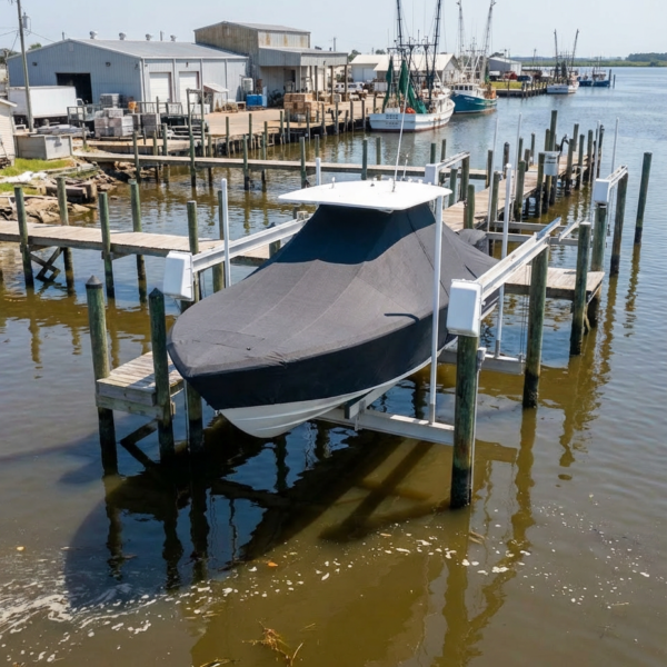 NauticStar 2602 T-Top boat cover in Charcoal Sunbrella fabric on dock lift at Bayou La Batre, AL