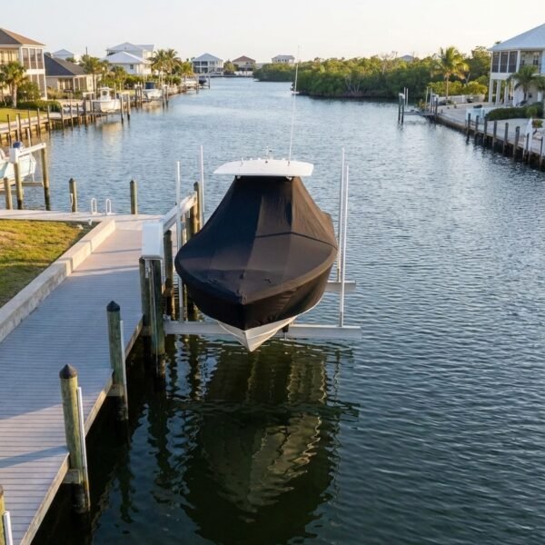 NauticStar 28 XS T-Top boat cover in Black Sunbrella fabric on dock lift at Orange Beach, AL