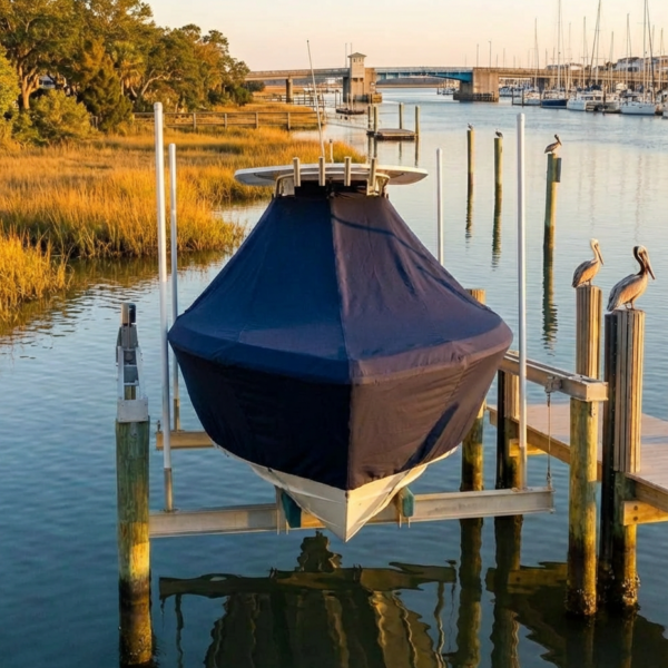 Onslow Bay 27 T-Top boat cover in navy Sunbrella fabric on dock lift at Wrightsville Beach, NC