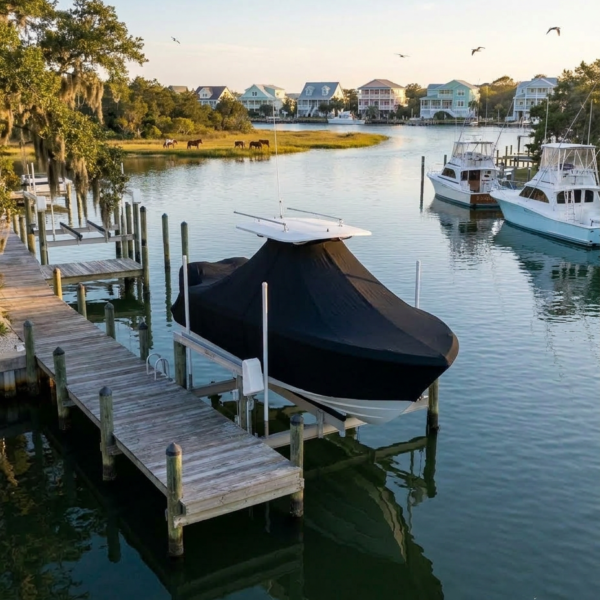 Onslow Bay 33 T-Top boat cover in black Sunbrella fabric on dock lift at Beaufort, NC