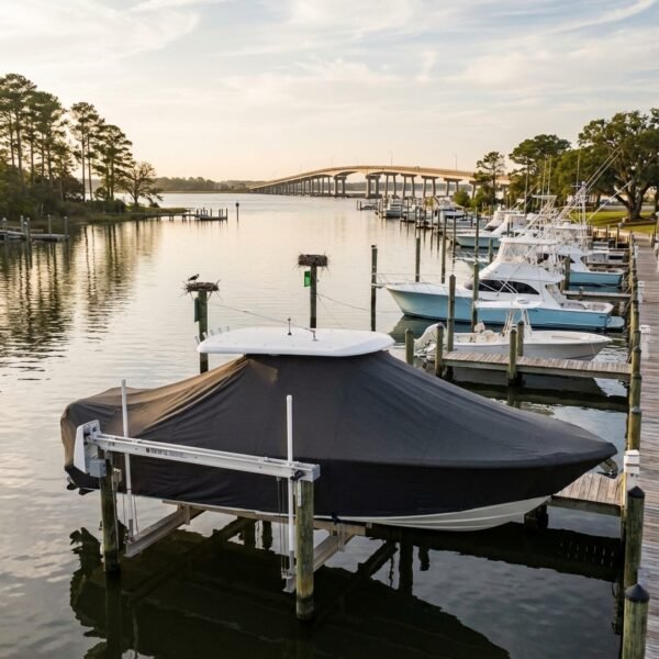 Onslow Bay 37 Tournament T-Top boat cover in charcoal Sunbrella fabric on dock lift at Morehead City, NC