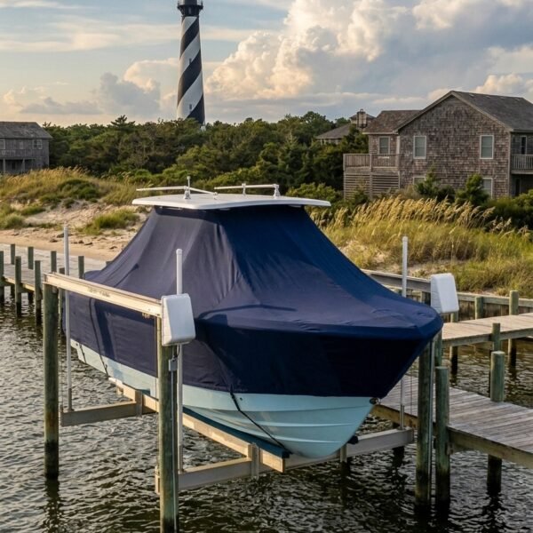 Onslow Bay 41 Tournament T-Top boat cover in navy Sunbrella fabric on dock lift at Hatteras Village, NC