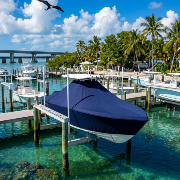 Sailfish 206 T-Top boat cover in navy Sunbrella fabric on dock lift at Islamorada Florida