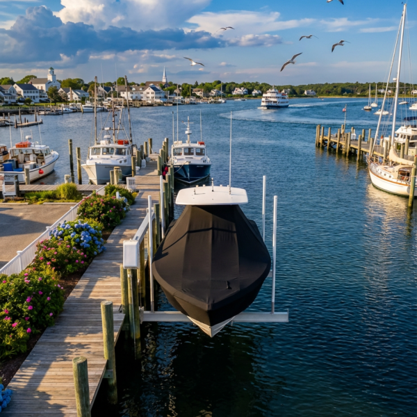 Sailfish 218 T-Top boat cover in black Sunbrella fabric on dock lift at Cape Cod Massachusetts