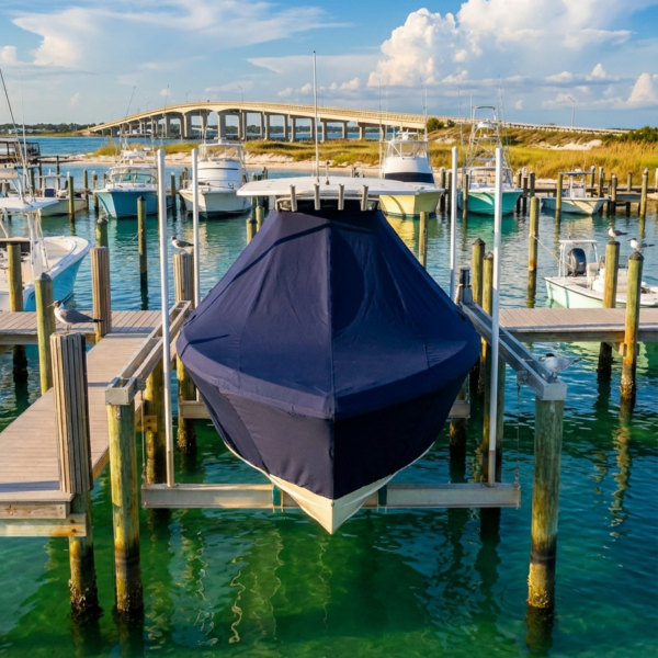 Sailfish 2180 T-Top boat cover in navy Sunbrella fabric on dock lift at St George Island Florida