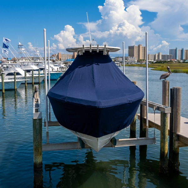 Sailfish 236 T-Top boat cover in navy Sunbrella fabric on dock lift at Ocean City Maryland