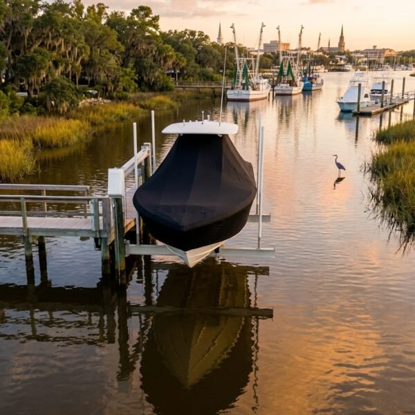 Sailfish 2360 T-Top boat cover in black Sunbrella fabric on dock lift at Savannah Georgia