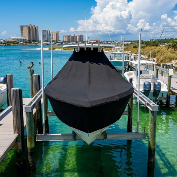 Sailfish 238 T-Top boat cover in black Sunbrella fabric on dock lift at Panama City Beach Florida