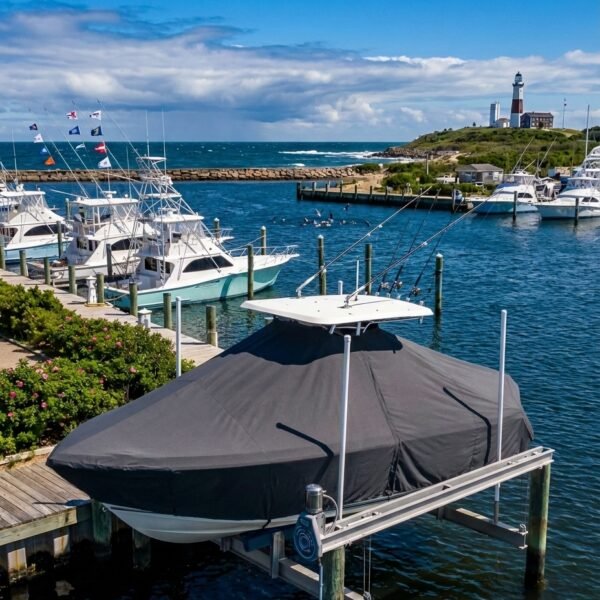 Sailfish 2380 T-Top boat cover in charcoal Sunbrella fabric on dock lift at Montauk New York