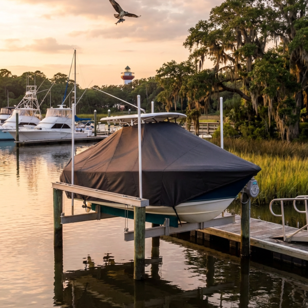 Sailfish 240 T-Top boat cover in charcoal Sunbrella fabric on dock lift at Hilton Head South Carolina