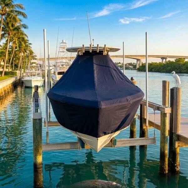 Sailfish 241 T-Top boat cover in navy Sunbrella fabric on dock lift at Stuart Florida