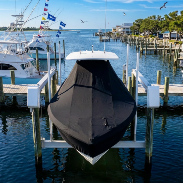 Sailfish 242 T-Top boat cover in black Sunbrella fabric on dock lift at Morehead City North Carolina