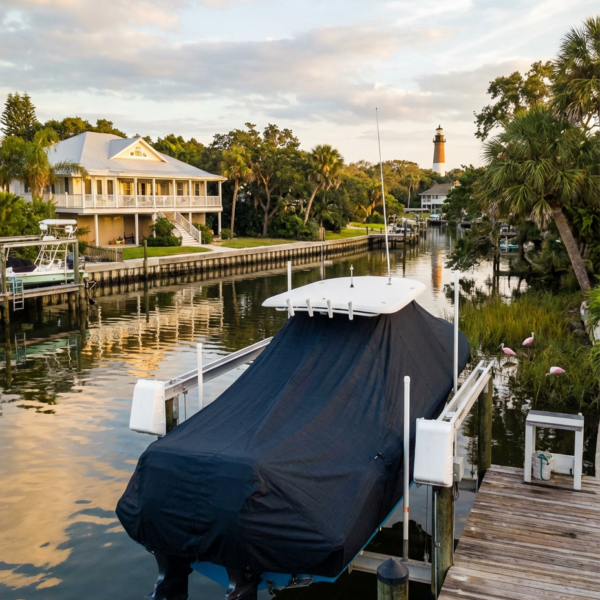 Sailfish 245 DC T-Top boat cover in charcoal Sunbrella fabric on canal lift at Amelia Island Florida