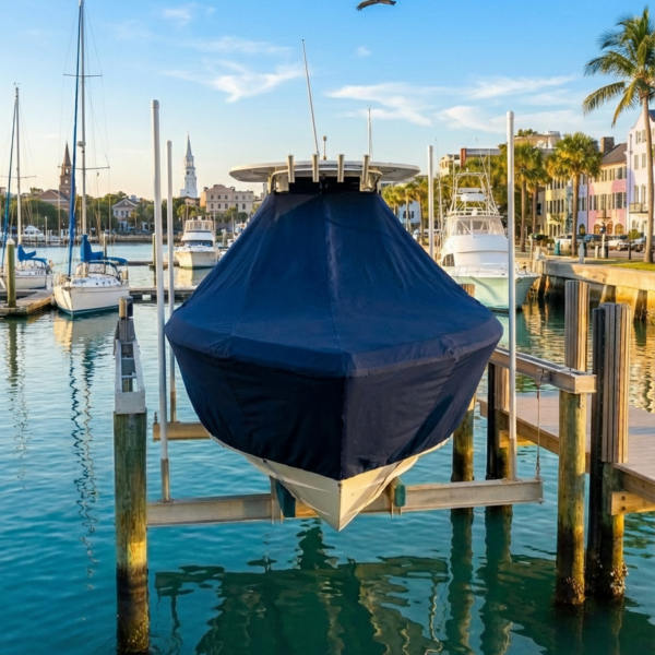 Sailfish 2660 T-Top boat cover in navy Sunbrella fabric on dock lift at Charleston South Carolina