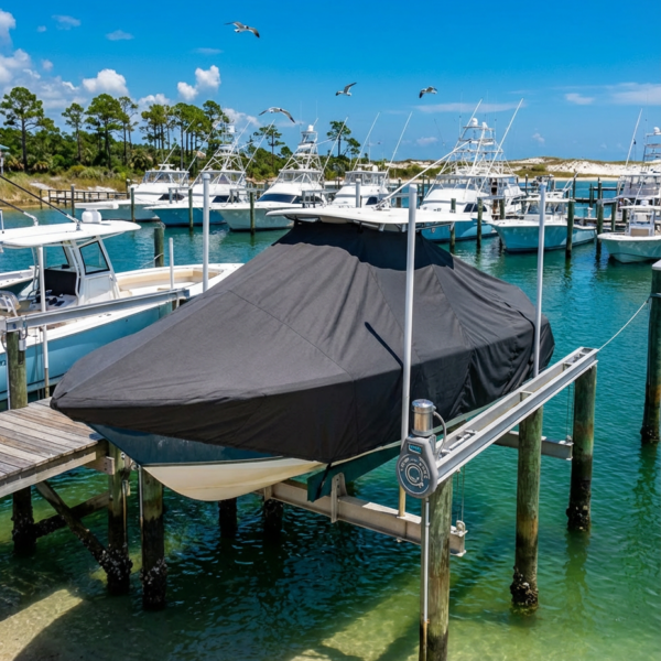 Sailfish 270 T-Top boat cover in charcoal Sunbrella fabric on dock lift at Orange Beach Alabama