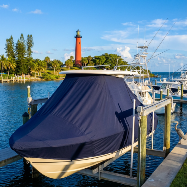 Sailfish 272 CC T-Top boat cover in navy Sunbrella fabric on dock lift at Jupiter Florida