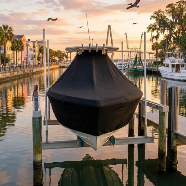 Sailfish 276 DC T-Top boat cover in black Sunbrella fabric on dock lift at Charleston South Carolina