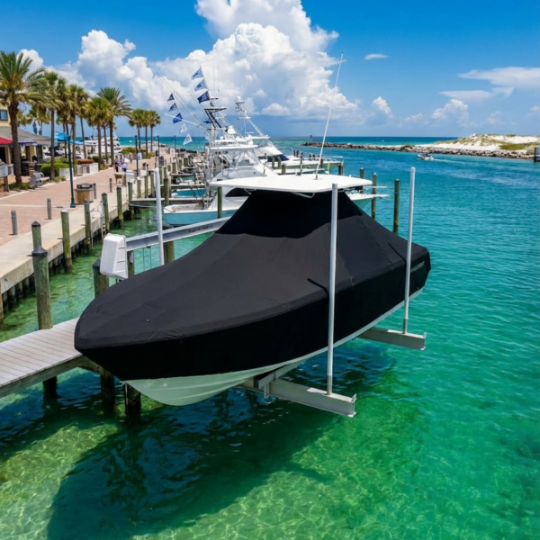 Sailfish 2860 T-Top boat cover in black Sunbrella fabric on dock lift at Destin Florida