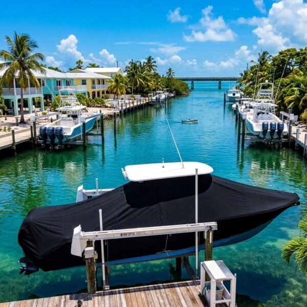 Sailfish 290 T-Top boat cover in black Sunbrella fabric on canal lift at Islamorada Florida