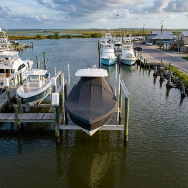 Sailfish 320 T-Top boat cover in charcoal Sunbrella fabric on dock lift at Venice Louisiana