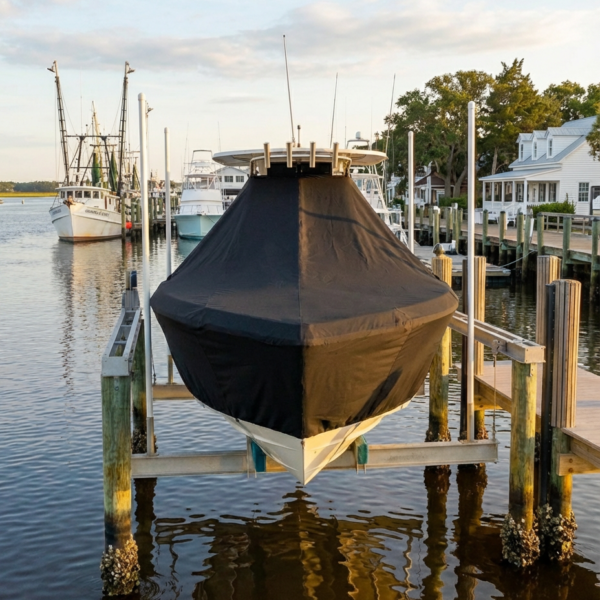 Scout 175 Sportfish T-Top boat cover in charcoal Sunbrella fabric on dock lift at Beaufort North Carolina marina