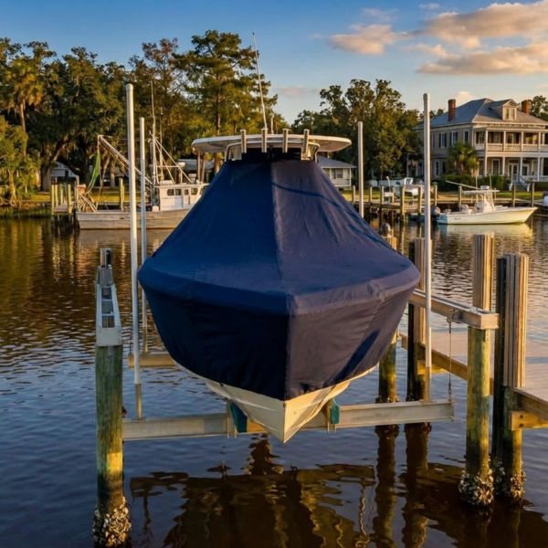 Scout 185 Sportfish T-Top boat cover in navy Sunbrella fabric on dock lift at Apalachicola Florida marina