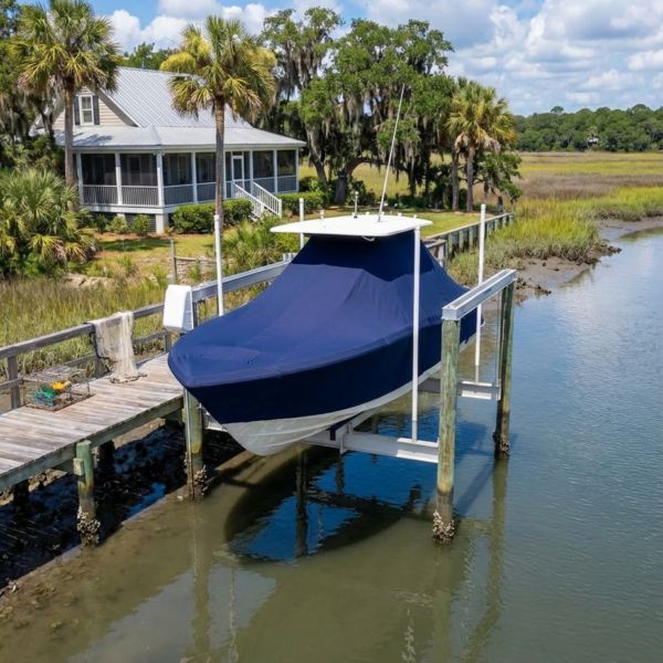 Scout 187 Sportfish T-Top boat cover in navy Sunbrella fabric on dock lift at Tybee Island Georgia waterfront