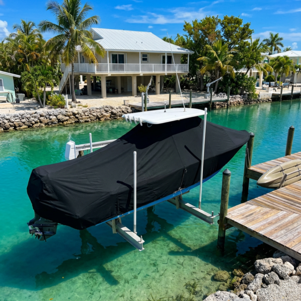 Scout 195 Sportfish T-Top boat cover in black Sunbrella fabric on canal lift at Islamorada Florida