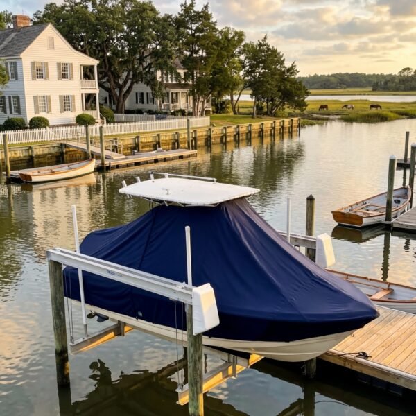 Scout 200 Bay T-Top boat cover in navy Sunbrella fabric on dock lift at Beaufort North Carolina waterfront