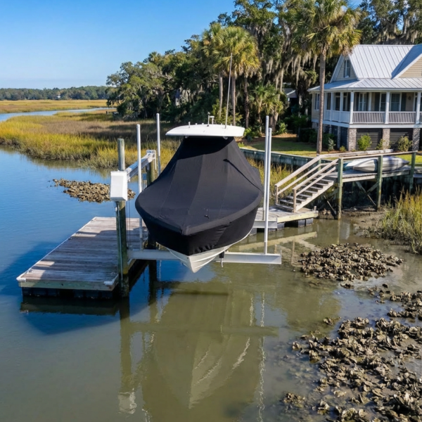 Scout 201 Bay T-Top boat cover in black Sunbrella fabric on dock lift at Port Royal South Carolina waterfront