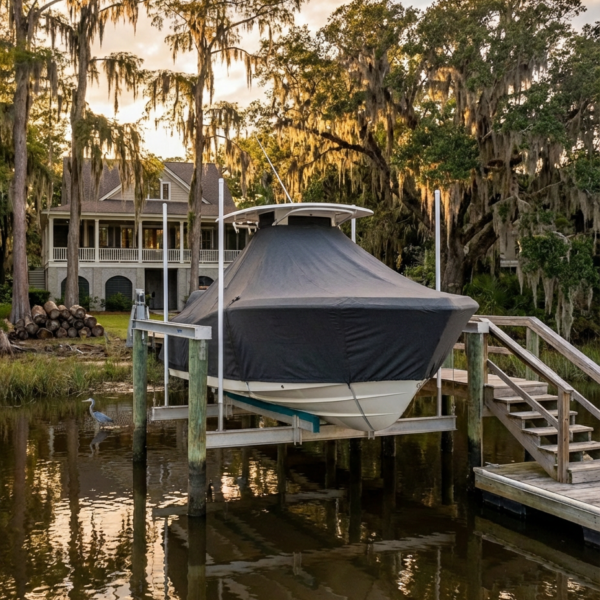 Scout 202 Sportfish T-Top boat cover in charcoal Sunbrella fabric on dock lift at Edisto Island South Carolina