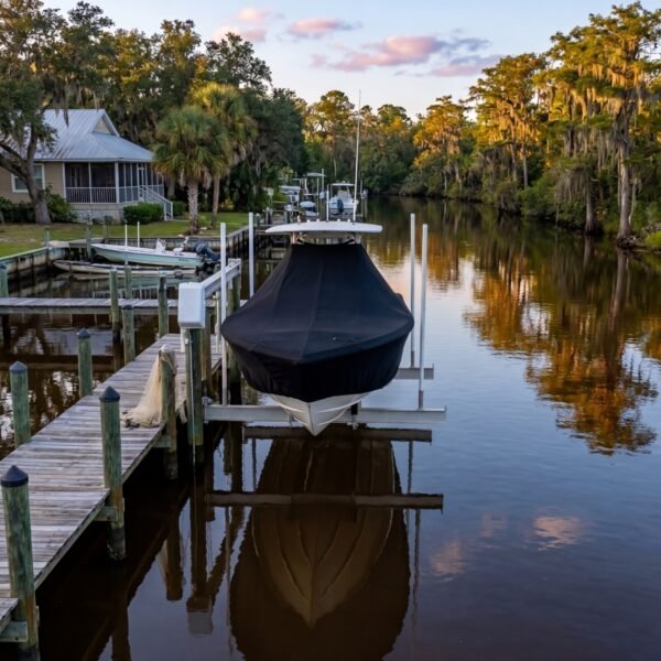 Scout 210 T-Top boat cover in black Sunbrella fabric on dock lift at Apalachicola Florida waterfront