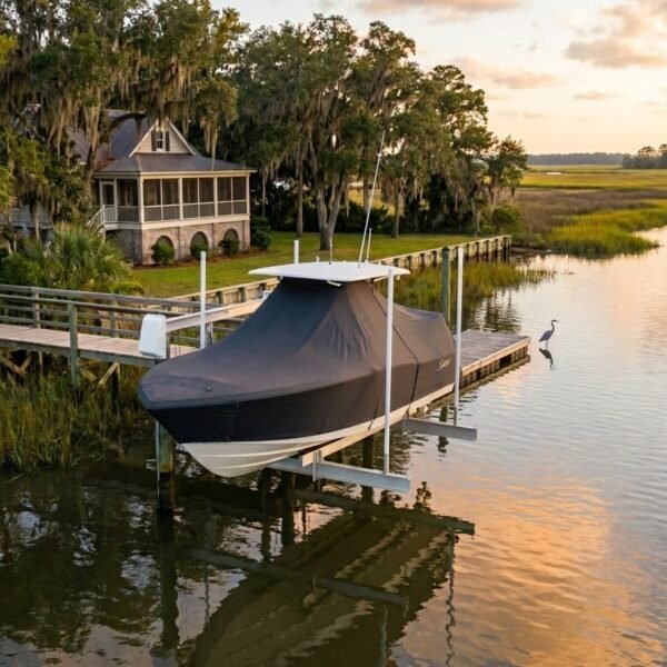 Scout 210 XSF T-Top boat cover in charcoal Sunbrella fabric on dock lift at St Simons Island Georgia