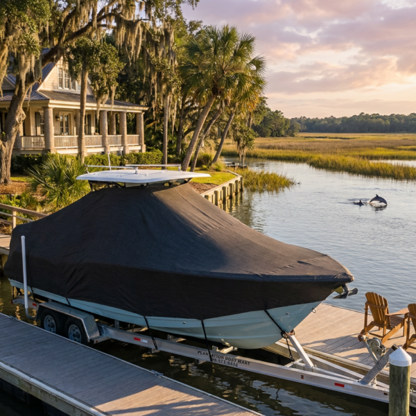 Scout 220 T-Top boat cover in charcoal Sunbrella fabric on dock lift at Hilton Head Island South Carolina