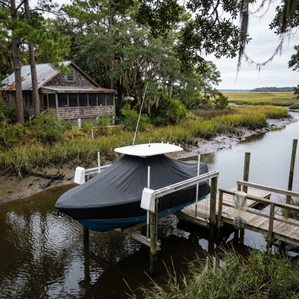 Scout 221 Winyah Bay T-Top boat cover in charcoal Sunbrella fabric on canal lift at Pawleys Island South Carolina