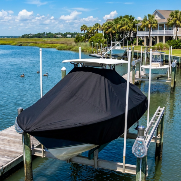 Scout 222 Sportfish T-Top boat cover in black Sunbrella fabric on dock lift at Isle of Palms South Carolina