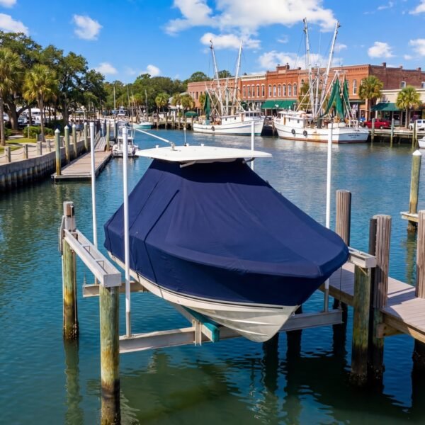 Scout 222 T-Top boat cover in navy Sunbrella fabric on dock lift at Fernandina Beach Florida marina