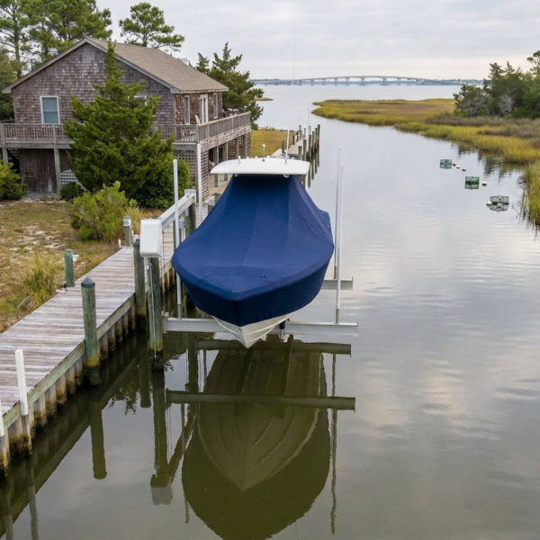 Scout 225 XSF T-Top boat cover in navy Sunbrella fabric on dock lift at Morehead City North Carolina waterfront