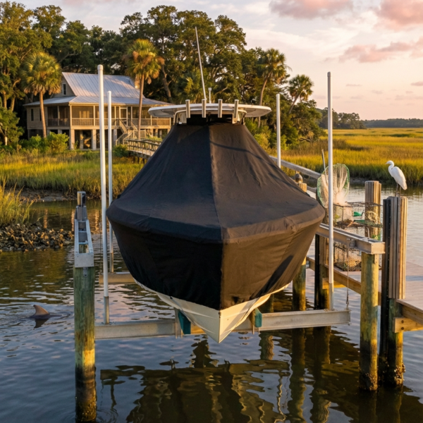 Scout 235 Sportfish T-Top boat cover in charcoal Sunbrella fabric on dock lift at Edisto Island South Carolina