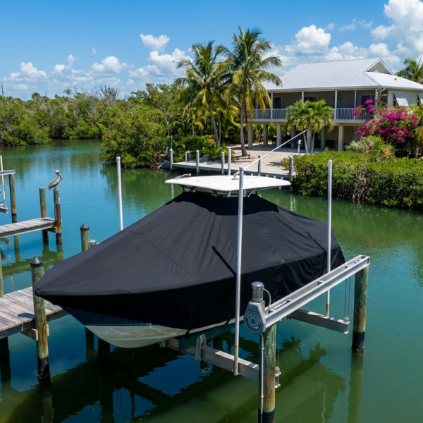 Scout 235 XSF T-Top boat cover in black Sunbrella fabric on canal lift at Pine Island Florida