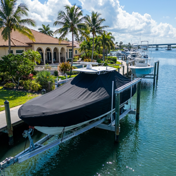 Scout 240 Dorado T-Top boat cover in black Sunbrella fabric, protecting a dual-console walk-around docked at a coastal South Carolina marina