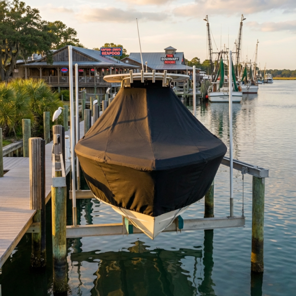 Scout 240 XSF T-Top boat cover in charcoal Sunbrella fabric on dock lift at Calabash North Carolina