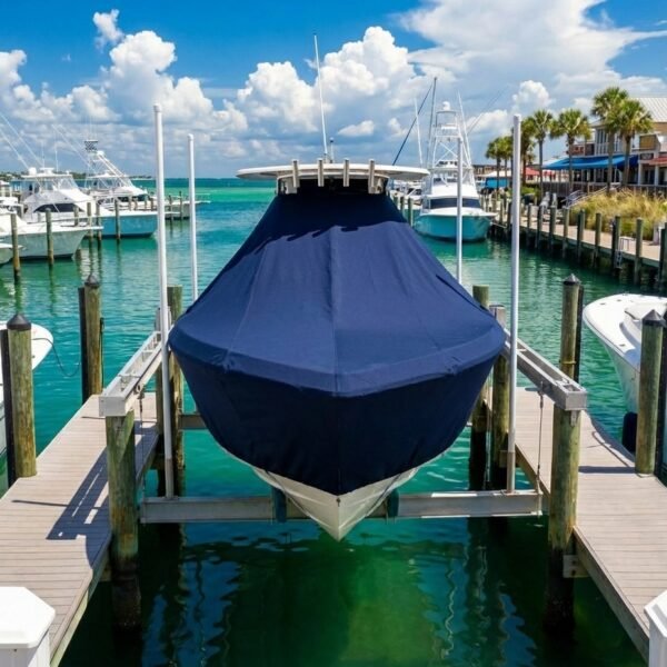 Scout 242 Sportfish T-Top boat cover in navy Sunbrella fabric on dock lift at Destin Florida harbor