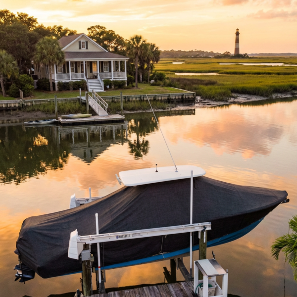 Scout 245 Abaco T-Top boat cover in charcoal Sunbrella fabric on canal lift at Folly Beach South Carolina
