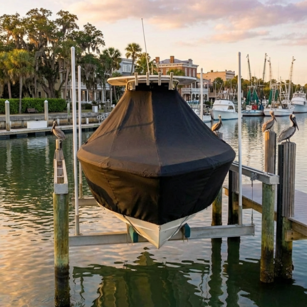 Scout 245 Dorado T-Top boat cover in charcoal Sunbrella fabric on dock lift at Fernandina Beach Florida