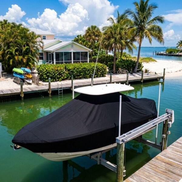Scout 245 SP T-Top boat cover in black Sunbrella fabric on canal lift at Anna Maria Island Florida