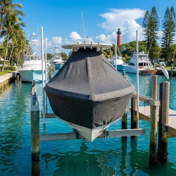 Scout 245 XSF T-Top boat cover in charcoal Sunbrella fabric on dock lift at Jupiter Florida marina