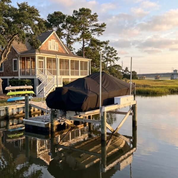 Scout 251 XS center console boat cover in black Sunbrella fabric on dock lift at Wrightsville Beach North Carolina