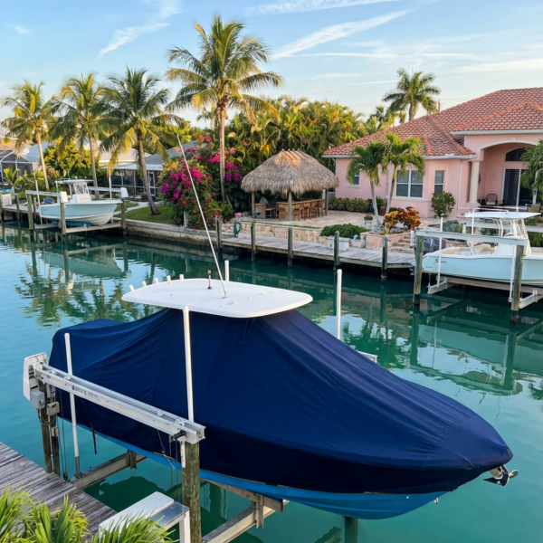 Scout 251 XS T-Top boat cover in navy Sunbrella fabric on canal lift at Stuart Florida waterfront